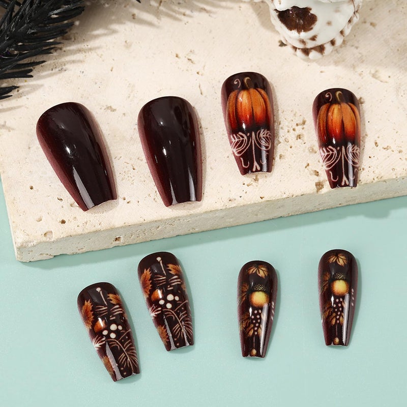 CJDLTS 24Pcs Maple Leaf Press on Nails Medium Ballet Shaped Thanksgiving Day Acrylic Nails Pumpkin Stick on Nails Full Cover Glossy Brown Fall Artificial Fingernails Festival Glue on Nails for Women - Image 2